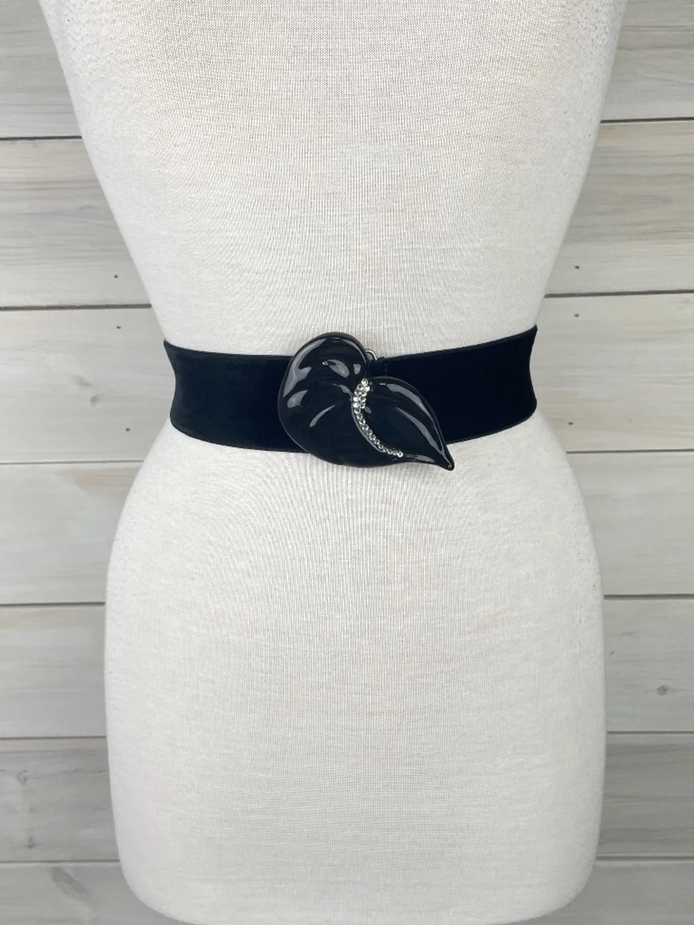 Vintage 1980s-90s Black Velvet Stretchy Belt with Ceramic Rhinestone Buckle